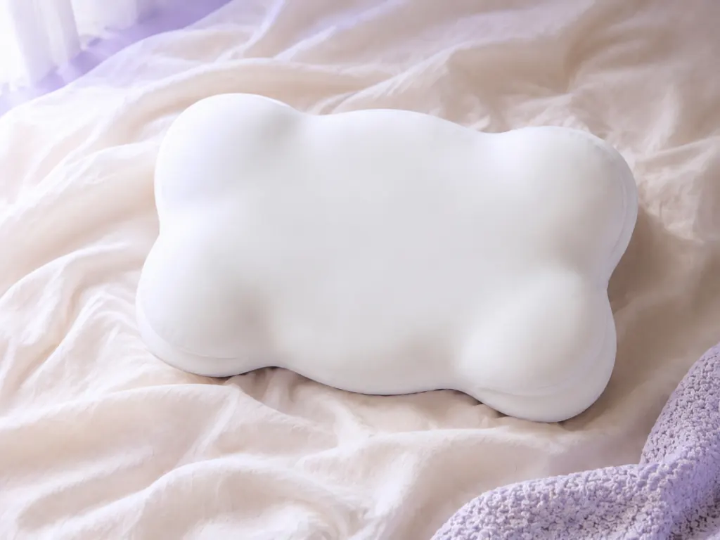 Lumuwala Cloud Pillow on dawn-lit cream bedding.